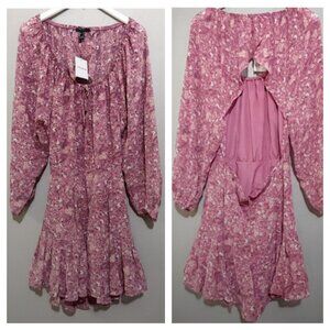 Forever 21 Pink Berry Floral Cutout LS Cottagecore Open Back Mini Dress Sz L NEW